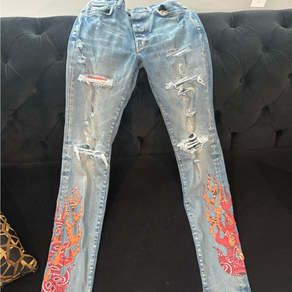 Distressed Blue Jeans with Pink and Orange Flame Accents